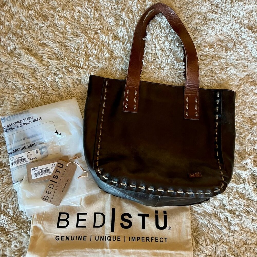 Bed Stu STEVIE Leather Tote Black Teak Rustic VGUC - Picture 3 of 15
